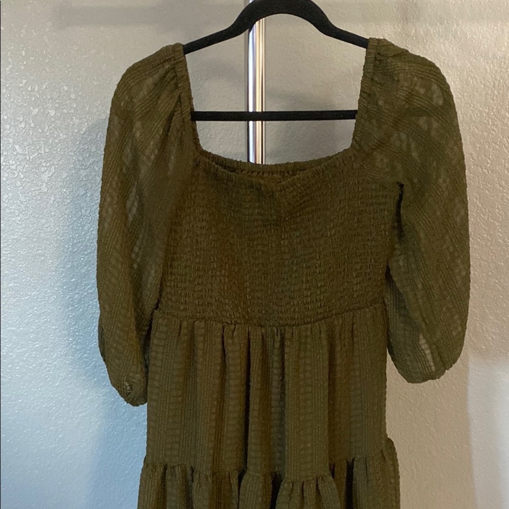 Maison Tara Green Smocked Puff Sleeve Midi Dress